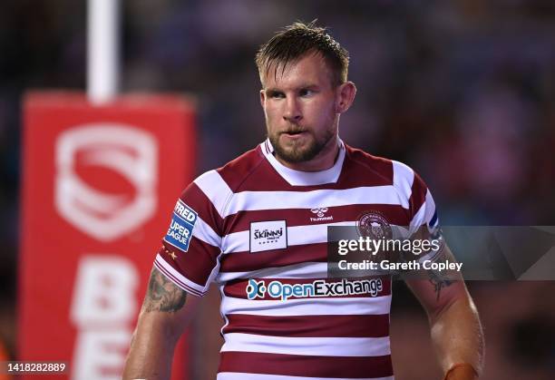 Mike Coopeof Wigan during the Betfred Super League match between Wigan Warriors and St Helens at DW Stadium on August 26, 2022 in Wigan, England.