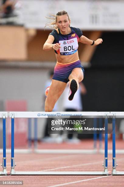 Femke Bol of The Netherlands competes in Women's 400m Hurdles during the Athletissima Lausanne Diamond League athletics meeting at Stade Olympique...