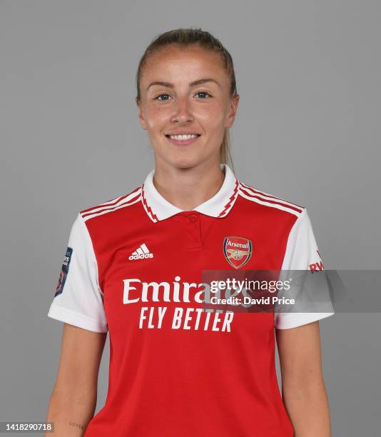 Leah Williamson of Arsenal during the Arsenal Women's Media Day at the Arsenal Training Ground at London Colney on August 26, 2022 in St Albans,...