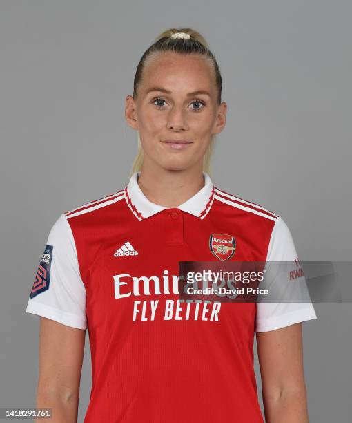 Stina Blackstenius of Arsenal during the Arsenal Women's Media Day at the Arsenal Training Ground at London Colney on August 26, 2022 in St Albans,...