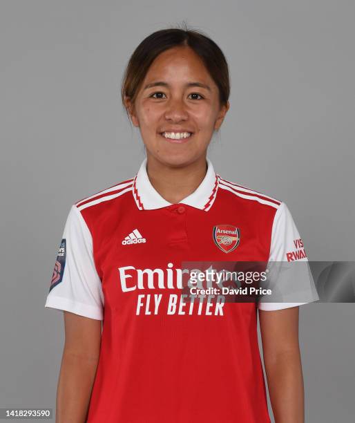 Mana Iwabuchi of Arsenal during the Arsenal Women's Media Day at the Arsenal Training Ground at London Colney on August 26, 2022 in St Albans,...