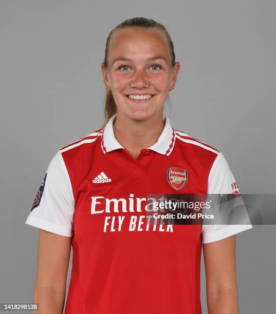 Frida Maanum of Arsenal during the Arsenal Women's Media Day at the Arsenal Training Ground at London Colney on August 26, 2022 in St Albans, England.