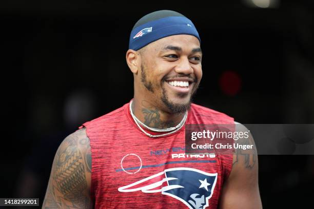 Wide receiver Kendrick Bourne of the New England Patriots takes the field for warm-up before a preseason game against the Las Vegas Raiders at...