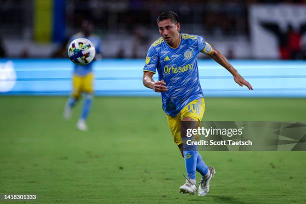 Alejandro Bedoya of the Philadelphia Union chases the ball against D.C. United during the first half of the MLS game at Audi Field on August 20, 2022...