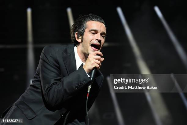 Matty Healy of The 1975 performs on Main Stage East on Day 1 of Leeds Festival on August 26, 2022 in Leeds, England.