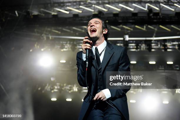 Matty Healy of The 1975 performs on Main Stage East on Day 1 of Leeds Festival on August 26, 2022 in Leeds, England.