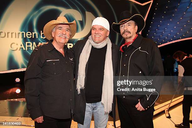 Singers Howard Bellamy, Gerry Friedle and David Bellamy attend the Carmen Nebel Show on March 24, 2012 in Berlin, Germany.