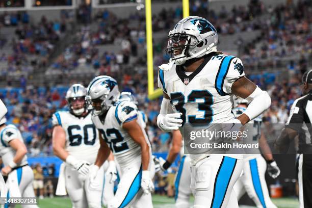 Onta Foreman of the Carolina Panthers celebrates scoring a first quarter touchdown against the Buffalo Bills during a preseason game at Bank of...