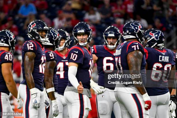 Davis Mills of the Houston Texans runs the offense during a preseason game against the San Francisco 49ers at NRG Stadium on August 25, 2022 in...