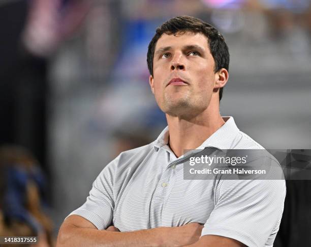 Former Carolina Panther Luke Kuechley watches his team play against the Buffalo Bills during the second quarter of a preseason game at Bank of...
