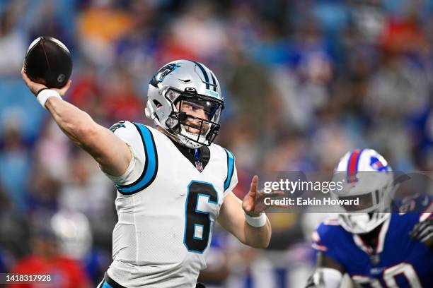 Baker Mayfield of the Carolina Panthers throws a pass in the first quarter against the Buffalo Bills during a preseason game at Bank of America...