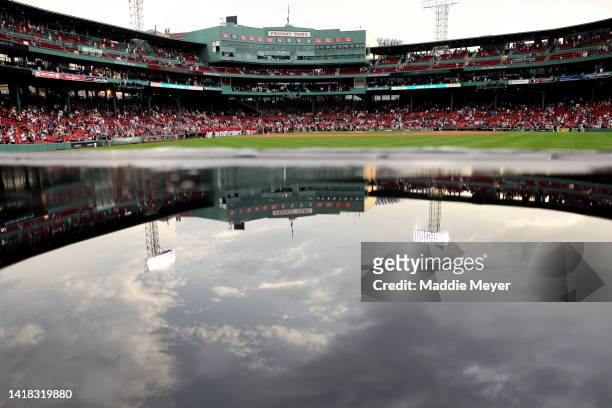 General view of Fenway Park after a rain storm before the game between the Boston Red Sox and the Tampa Bay Rays at Fenway Park on August 26, 2022 in...