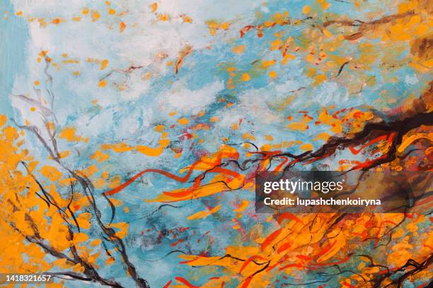 bildbanksillustrationer, clip art samt tecknat material och ikoner med illustration landscape leaf fall in autumn  trees with yellow leaves against a blue sky oil painting impressionism - sketching brand