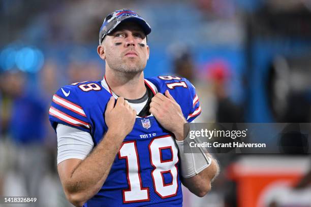 Case Keenum of the Buffalo Bills looks on during the third quarter of a preseason game against the Carolina Panthers at Bank of America Stadium on...