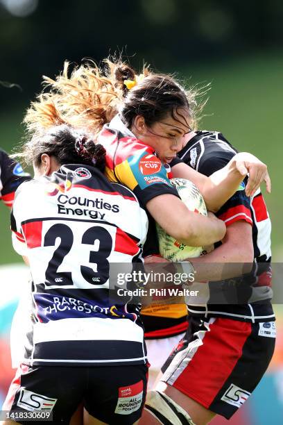 Chantae Wilson-Jenkins of Waikato is tackled during the round seven Farah Palmer Cup match between Counties Manukau and Waikato at Navigation Homes...