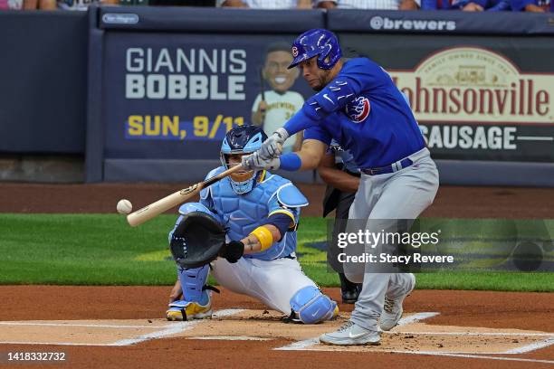 Willson Contreras of the Chicago Cubs swings at a pitch during the first inning against the Milwaukee Brewers at American Family Field on August 26,...