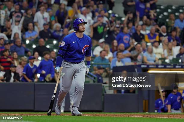 Ian Happ of the Chicago Cubs hits a two run home run during the tenth inning against the Milwaukee Brewers at American Family Field on August 26,...