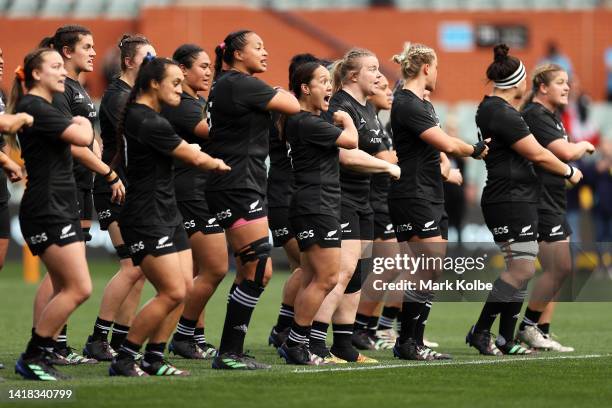 The Black Ferns perform a haka during the O'Reilly Cup match between the Australian Wallaroos and the New Zealand Black Ferns at Adelaide Oval on...