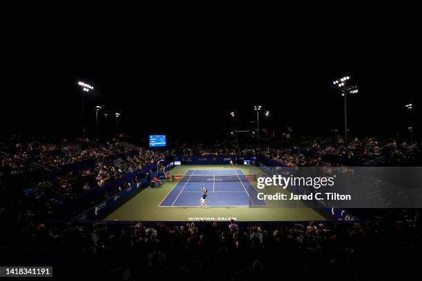 General view of the action between Laslo Djere of Serbia and Marc-Andrea Huesler of Switzerland during their semi-finals match on day seven of the...