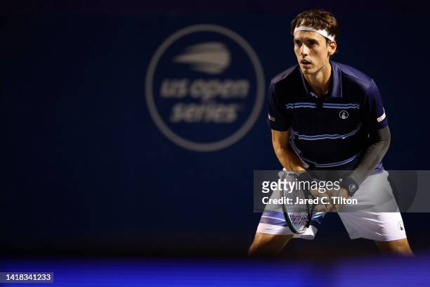 Marc-Andrea Huesler of Switzerland looks on against Laslo Djere of Serbia during their semi-finals match on day seven of the Winston-Salem Open at...