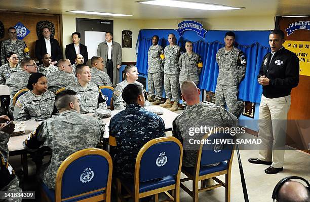 President Barack Obama speaks to US soldiers at army base Camp Bonifas in Paju during a visit to the Demilitarized Zone on the border between North...