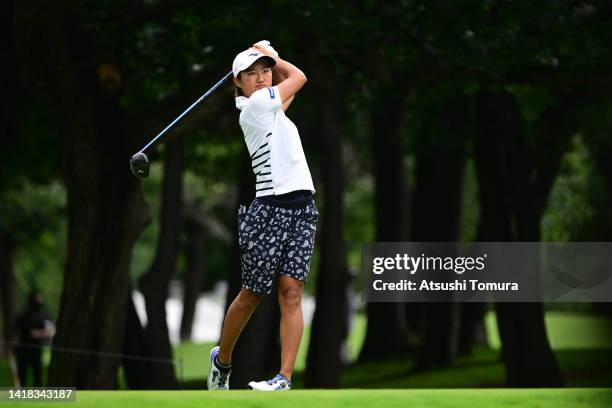 Mao Nozawa of Japan hits her tee shot on the 3rd hole during the third round of Nitori Ladies at Otaru Country Club on August 27, 2022 in Otaru,...