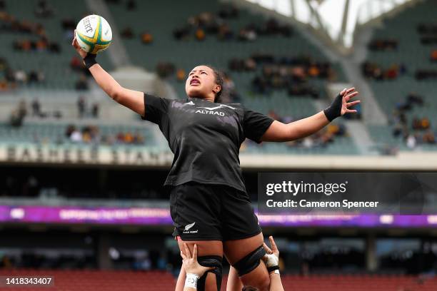 Joanah Ngan-Woo of the Black Ferns takes a lineout ball during the O'Reilly Cup match between the Australian Wallaroos and the New Zealand Black...
