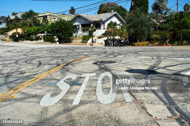 View of tire tracks from illegal street racing are seen as filming begins for “Fast X”, the 10th installment of the "Fast and the Furious" film...
