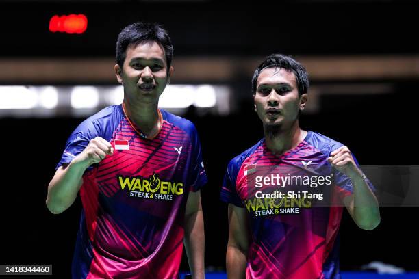 Mohammad Ahsan and Hendra Setiawan of Indonesia celebrate the victory in the Men's Doubles Semi Finals match against Fajar Alfian and Muhammad Rian...