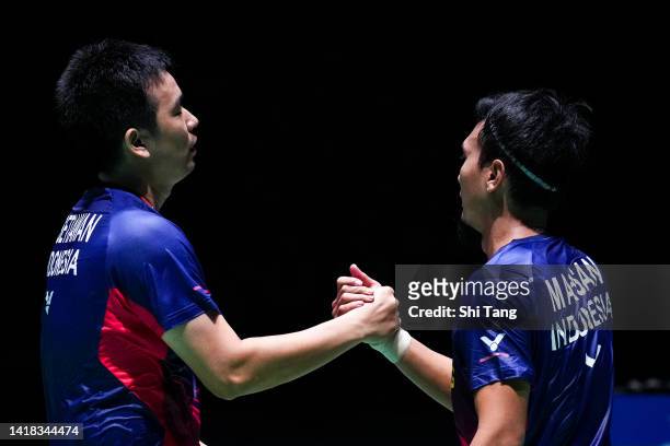 Mohammad Ahsan and Hendra Setiawan of Indonesia celebrate the victory in the Men's Doubles Semi Finals match against Fajar Alfian and Muhammad Rian...