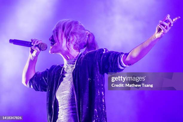 Emily Haines of Metric performs at Budweiser Stage on August 26, 2022 in Toronto, Ontario.