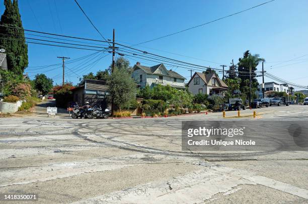 View of tire tracks from illegal street racing are seen as filming begins for “Fast X”, the 10th installment of the "Fast and the Furious" film...