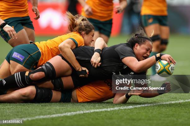 Joanah Ngan-Woo of the Black Ferns scores a try during the O'Reilly Cup match between the Australian Wallaroos and the New Zealand Black Ferns at...