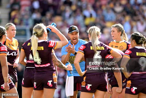Scott Prince talks to the players during the round two NRLW match between Brisbane Broncos and Sydney Roosters at Suncorp Stadium, on August 27 in...