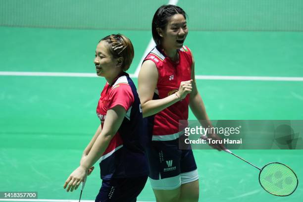 Chen Qingchen and Jia Yifan of China react in the Women's Doubles Semi Finals match against Mayu Matsimoto and Wakana Nagahara of Japan on day six of...