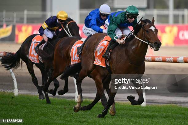 Damian Lane riding Jacquinot defeating Jamie Kah riding Aft Cabin in Race 5, the H.d.f. Mcneil Stakes, during Melbourne Racing at Caulfield...