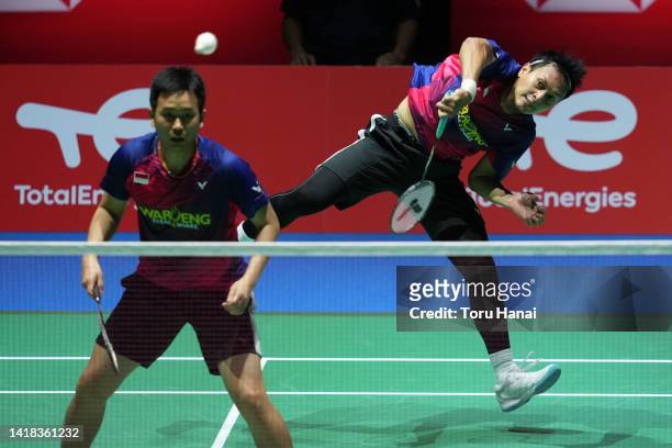Mohammad Ahsan and Hendra Setiawan of Indonesia compete in the Men's Doubles Semi Finals match against Fajar Alfian and Muhammad Rian Ardianto of...