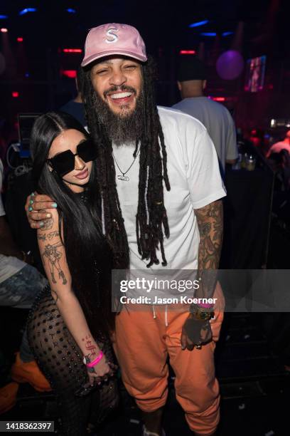Bhad Bhabie and Travie McCoy are seen during TBT Magazine Social Media Edition Powered By Berman Law at Sway Nightclub on August 26, 2022 in Fort...