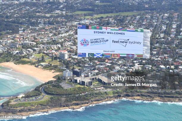 Giant oversized 20m x 10m flag featuring the flags of all 16 international teams participating in the ICC Men’s T20 World Cup 2022 is flown over the...