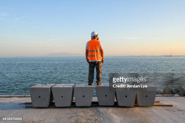 construction worker rear view facing sea - maritime photos et images de collection