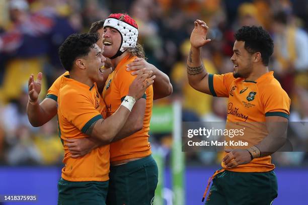 Noah Lolesio of the Wallabies celebrates with try-scorer Fraser McReight uring The Rugby Championship match between the Australian Wallabies and the...