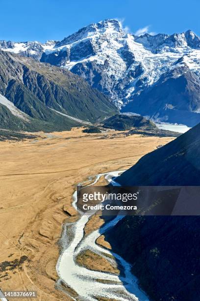 aerial view of snow mountain and quake lake, new zealand - westland stock-fotos und bilder