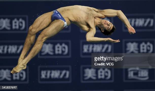 Nick McCrory of USA competes in the Men's 10m Platform Final during day two of the FINA Diving World Series Beijing Station at the National Aquatics...