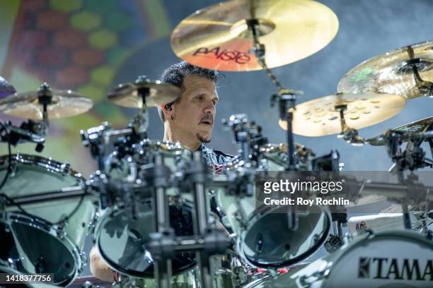 Charlie Benante of Anthrax performs at Coney Island Amphitheater on August 26, 2022 in New York City.