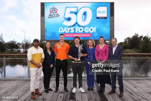 Nilesh Makwana, Avril Fahey, Jason Behrendorff, Shane Watson, Michelle Enright, Carolyn Turnbull and Mike McKenna pose with the ICC T20 World Cup...