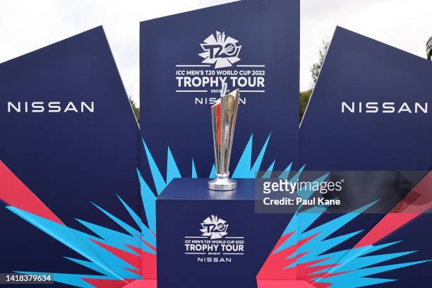 The ICC T20 World Cup trophy is pictured during the ICC Men's T20 World Cup 50 Days To Go event at Optus Stadium on August 27, 2022 in Perth,...