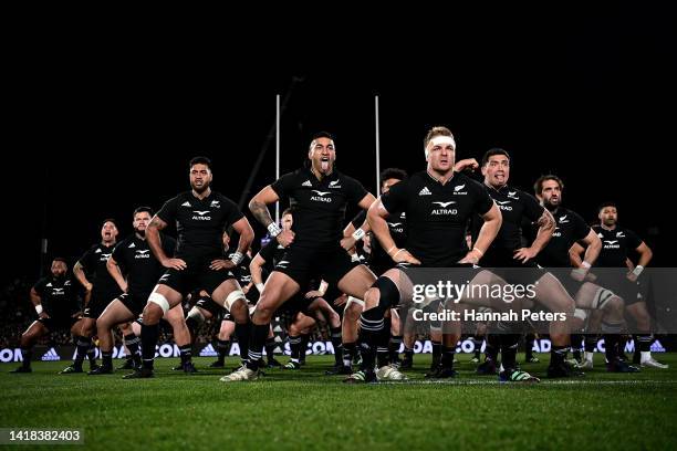 The All Blacks perform the haka before The Rugby Championship match between the New Zealand All Blacks and Argentina Pumas at Orangetheory Stadium on...