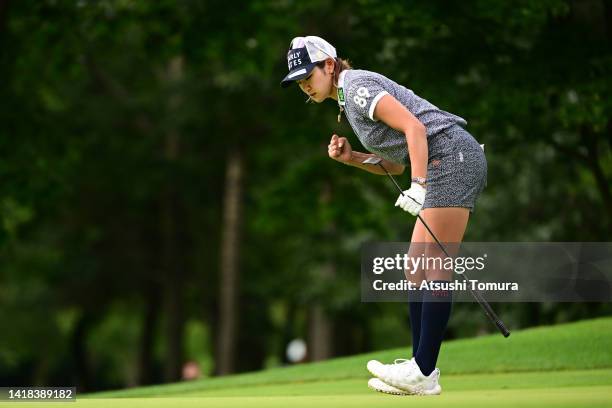 Erika Hara of Japan celebrates the birdie on the 8th green during the third round of Nitori Ladies at Otaru Country Club on August 27, 2022 in Otaru,...