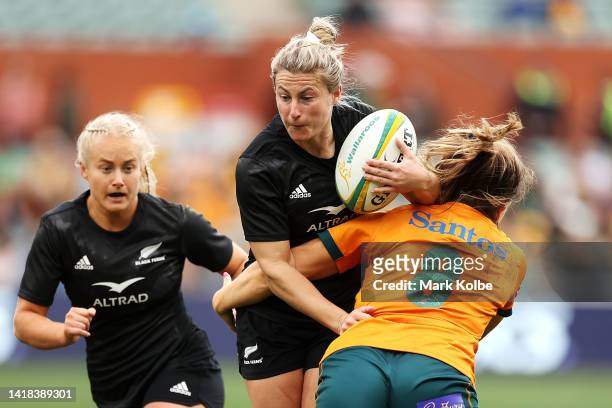Hazel Tubic of the Black Ferns tis tackledduring the O'Reilly Cup match between the Australian Wallaroos and the New Zealand Black Ferns at Adelaide...