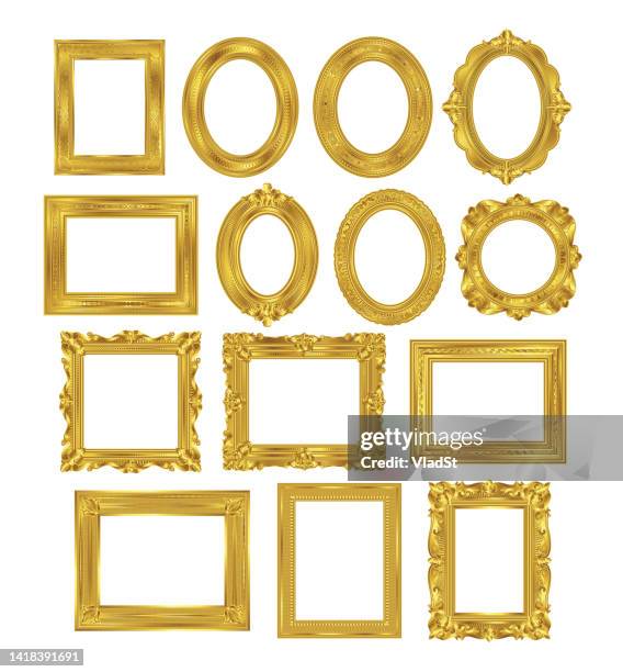 ilustraciones, imágenes clip art, dibujos animados e iconos de stock de conjunto de marcos de cuadros de oro dorado estilo vintage - picture frame